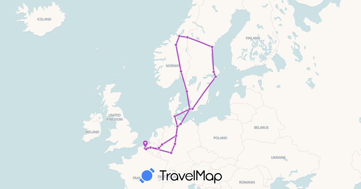 TravelMap itinerary: train in Belgium, Germany, Denmark, Norway, Sweden (Europe)